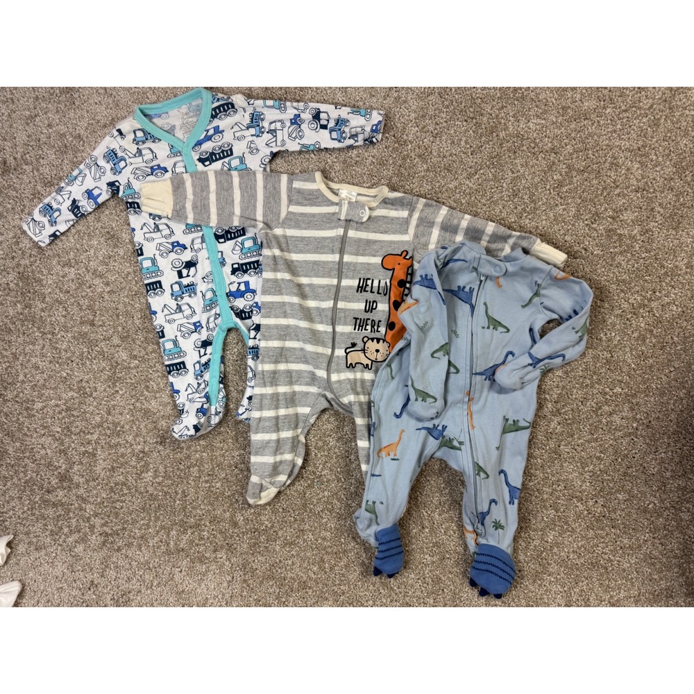 Lot of 3 Baby Boy Footed Sleepers 0-3M Carters Gerber Baby Elements Dino Truck
